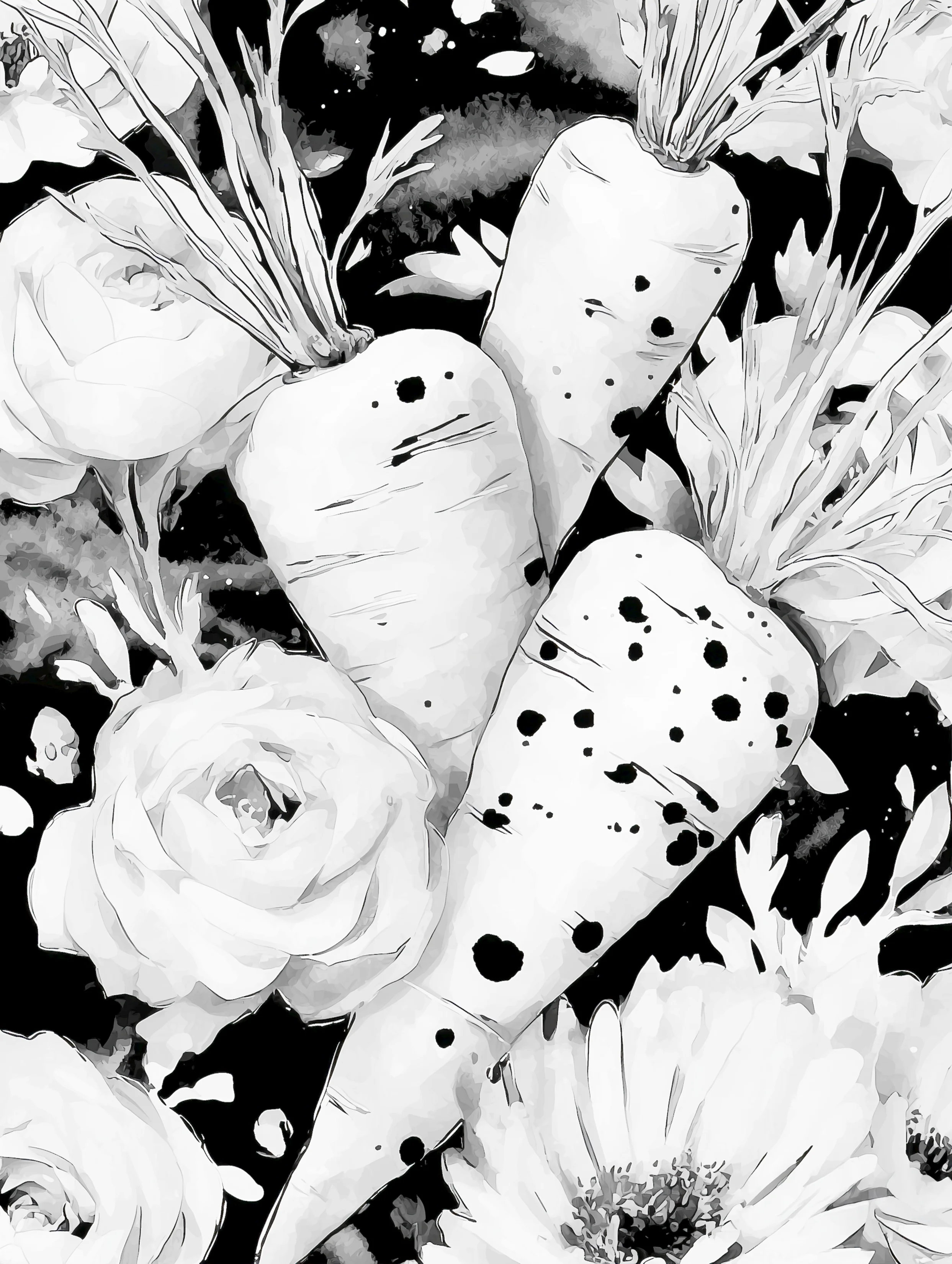 Free printable carrot coloring page for adults featuring three carrots and flowers bunched together